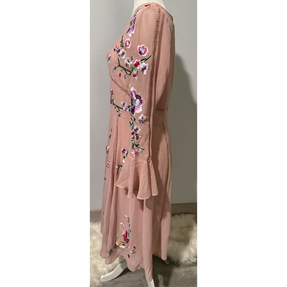ASOS pink embroidered bell sleeve pink dress 8 - Picture 7 of 10